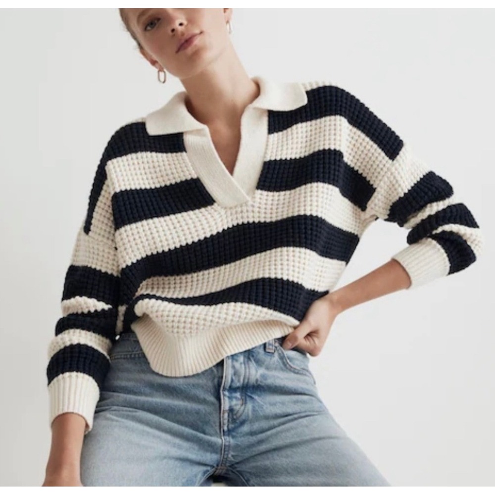 Madewell Waffle-Knit Henley Sweater Striped‎ Cream Navy Small